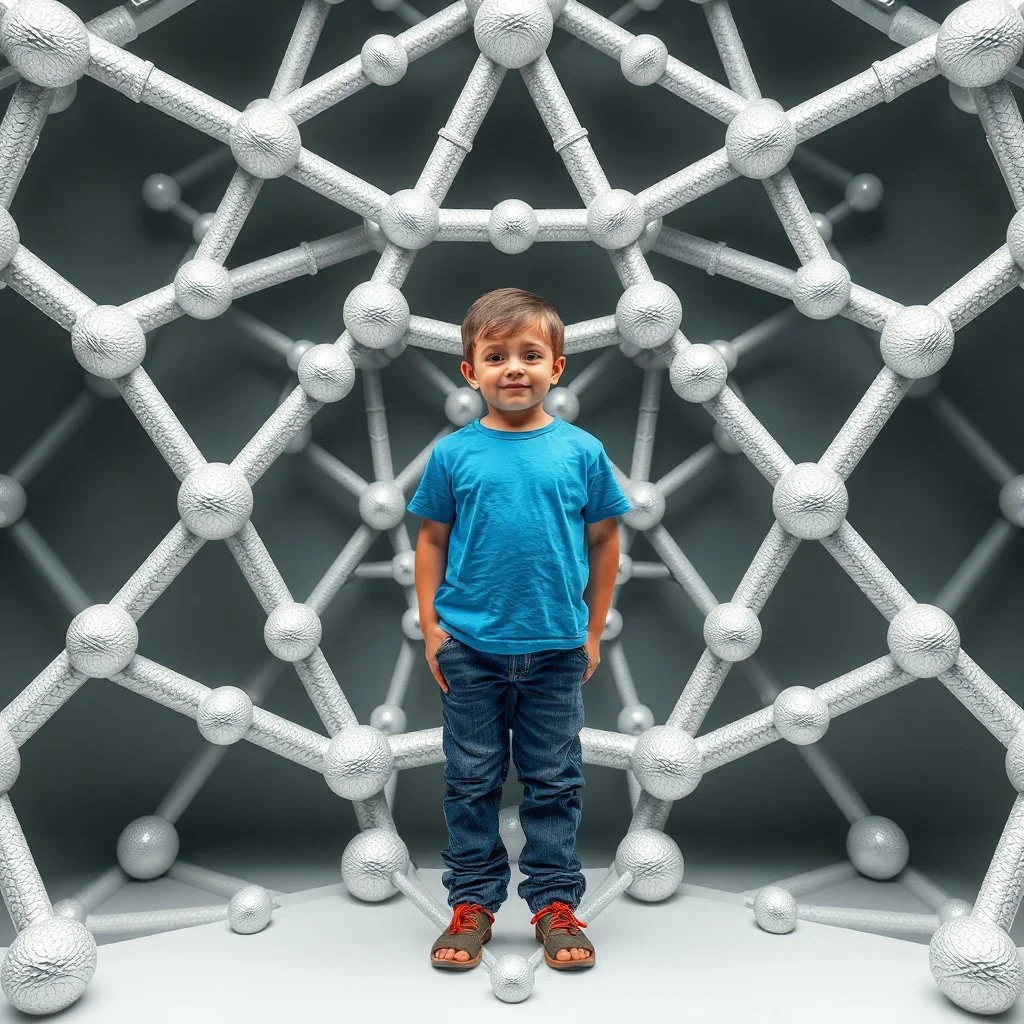 a 3d structure fractal based on tiangles with small spheres at joints ,with a 8 years old boy standing in center