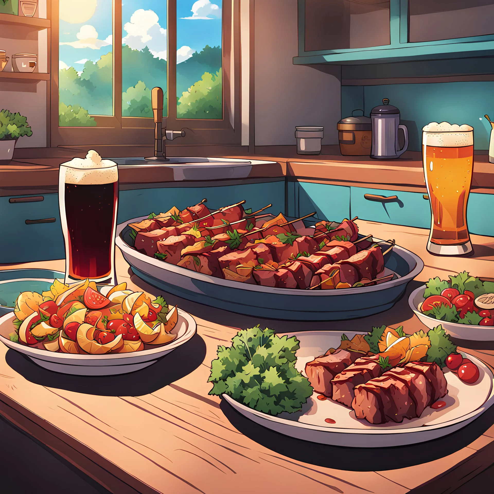 anime(demon slayer) artwork {a platter of shashlik served with a glass of dark beer in a cozy kitchen counter} . anime style, key visual, vibrant, studio anime, highly detailed