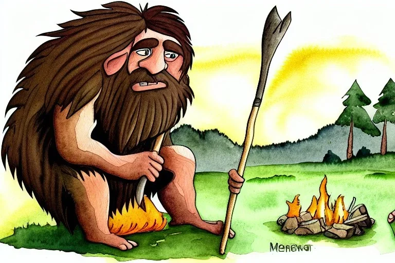 caveman holding a club, cave, cave bear, campfire, stone age, watercolor, masterpiece, mellow, dawn,