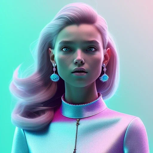 A portrait of a crystalised girl,smiling, longs hairs, atmospheric, realistic,, cinematic lighting, octane render,, pink turquoise light