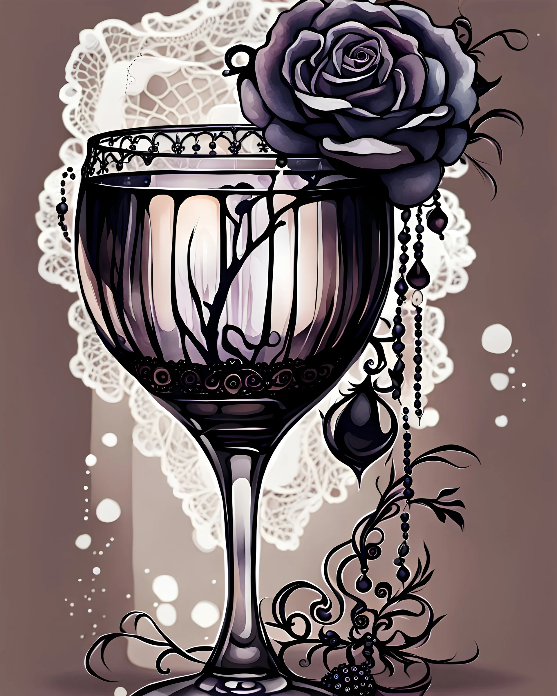 watercolor drawing Gothic black wine glass, black lace, pearls, black roses, on a white background, Trending on Artstation ::{creative commons}:: Illustration :: Color Grading:: Filmic, Nikon D750, Brenizer Method, Perspective, Depth of Field, F/2.8, Lens Flare, Tonal Colors, 8K, Full-HD, ProPhoto RGB, Perfectionism, Rim Lighting, Natural Lighting, Soft Lig