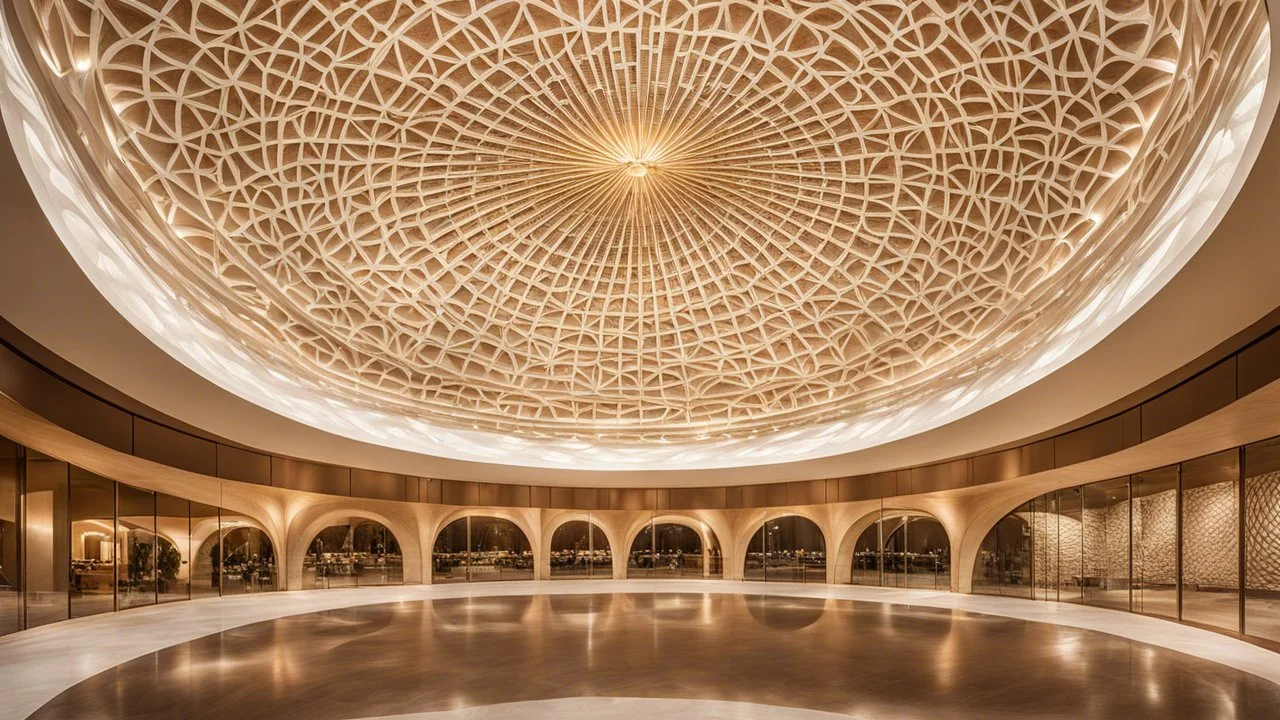 A grand, circular dome building with Lissajous-curve-inspired designs intricately carved into the stone façade. The undulating curves dance across the surface of the building, creating a mesmerizing, fluid pattern. Inside, the dome is supported by circular columns with soft, curving lines, and the ceiling features geometric art that mimics the beauty of the Lissajous curves. Award-winning photograph.