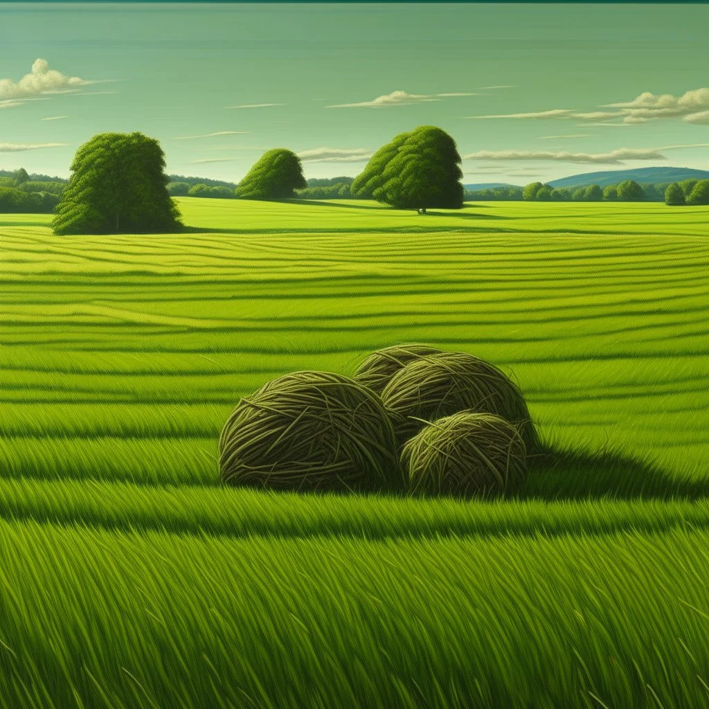 A green grassy plain filled with haystacks painted by Frank Wilson