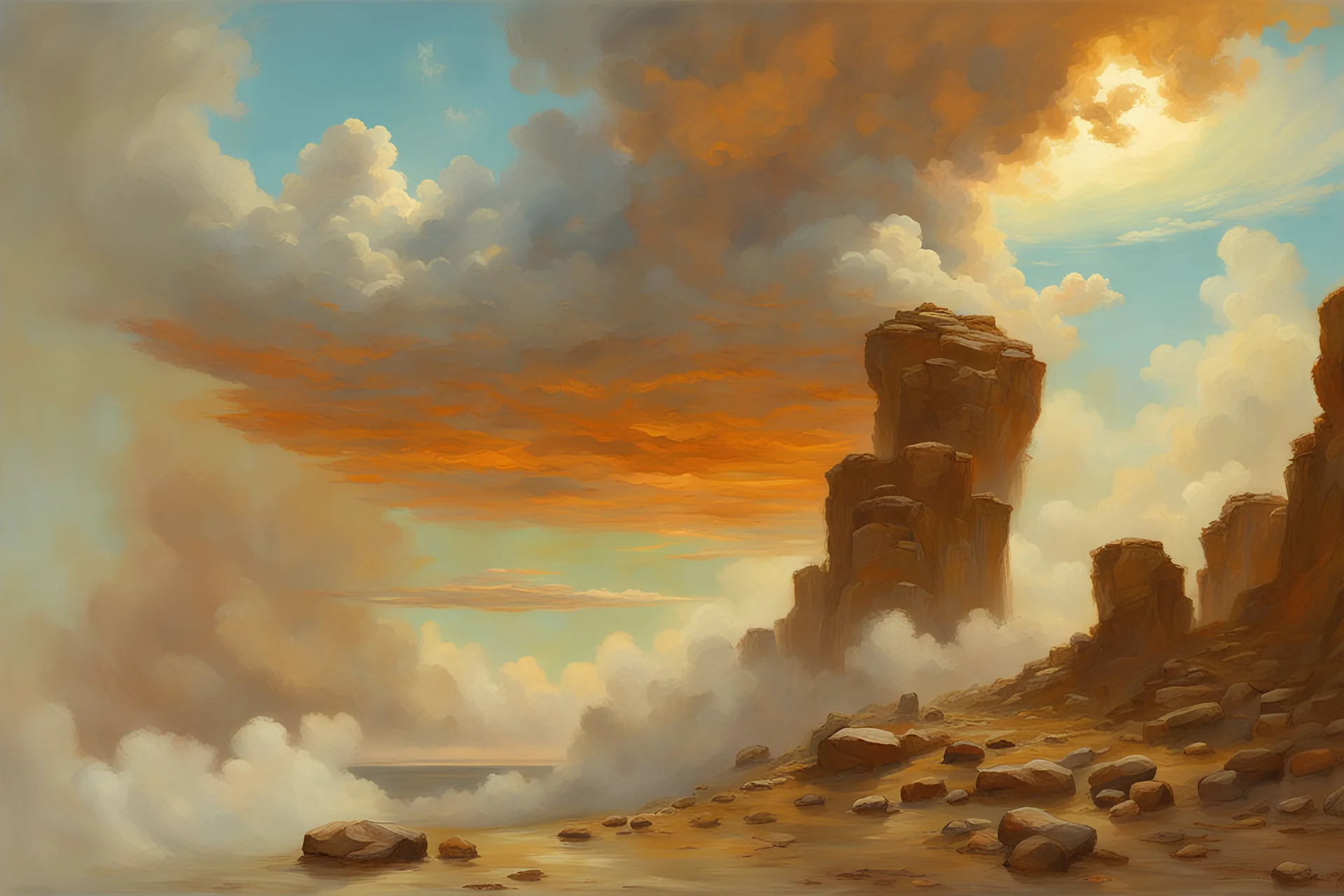 clouds, rocks, mountains, 90's sci-fi movies influence, beyond and new age influence, rodolphe wytsman, and charles leickert impressionism paintings