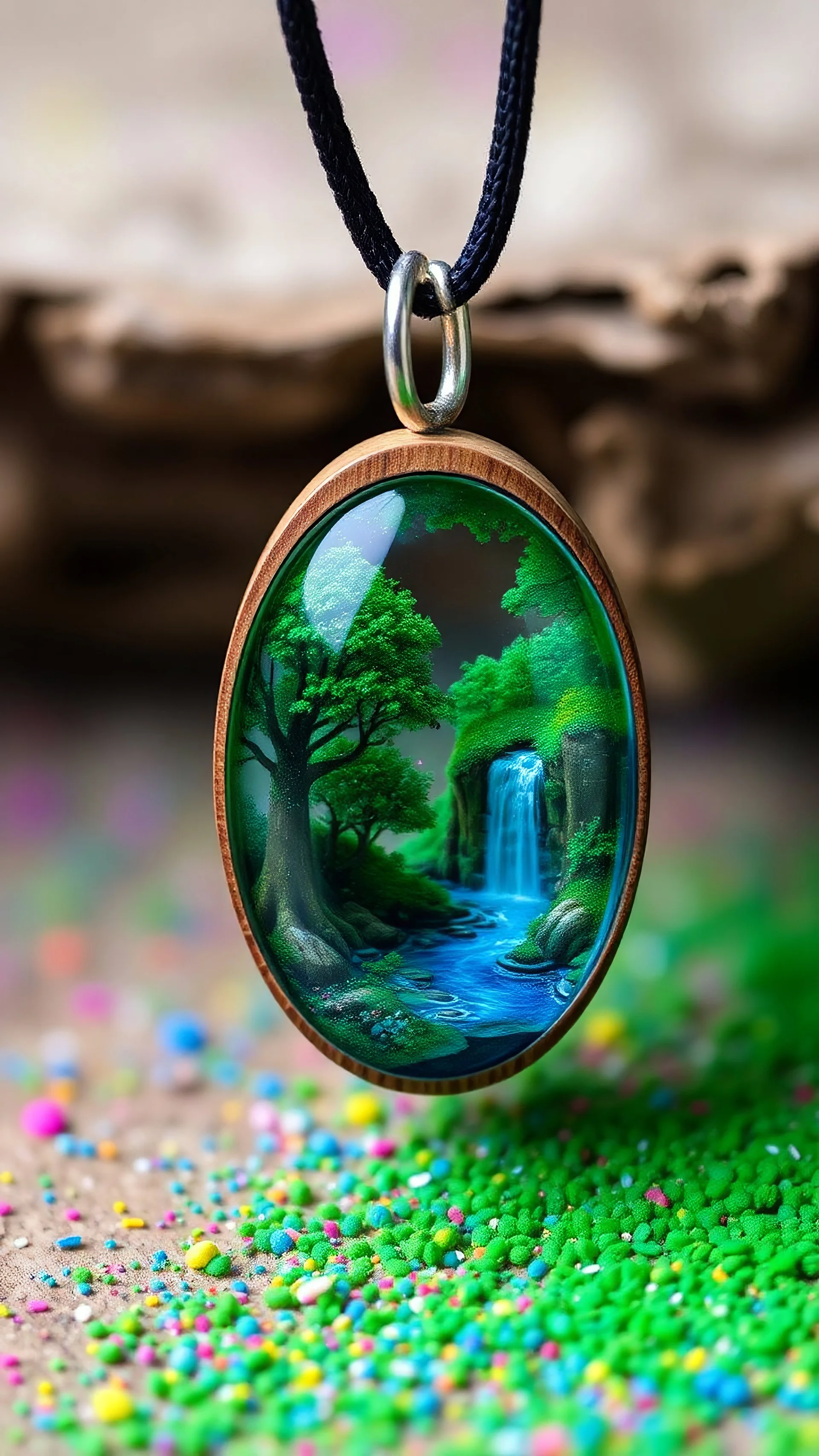 Miniature landscape pendant, resin art jewelry, vibrant green and blue colors, wooden base, oval shape, black cord necklace, macro photography, textured wood, colorful powder scatter, mystical forest waterfall scene, ethereal glow, high detail, depth of field, magical realism, fantasy jewelry design