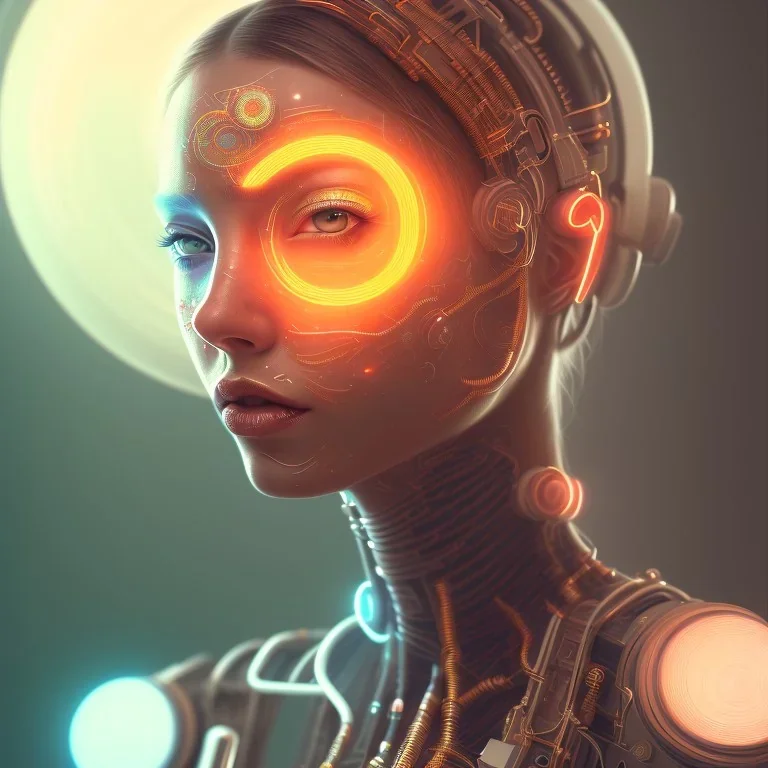 A beautiful portrait of a cute cyberpunk woman happy, grain on the skin, tribal tatoos, orange color scheme, high key lighting, volumetric light high details with white stripes and feathers full length clean art NFT, soft lighting, soft pastel gradients, high definition, blender 3d cinematic, op art, visionary art, sacred geometry, fractal, white balanced