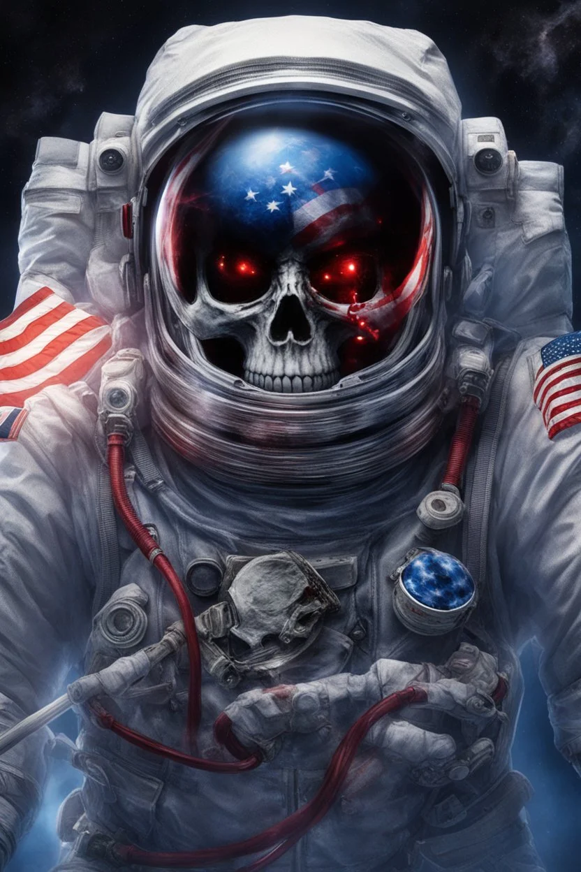 A close up of a skeleton face in an astronaut helmet and suit floating in space. inside the hollow eyes are red shining lights, scary. On his suit is an American flag and in his one hand is a small wavering American hand flag. From the back of his suit is blowing out blue, white and red smoke. Realistic, 8k, highly detailed, funny