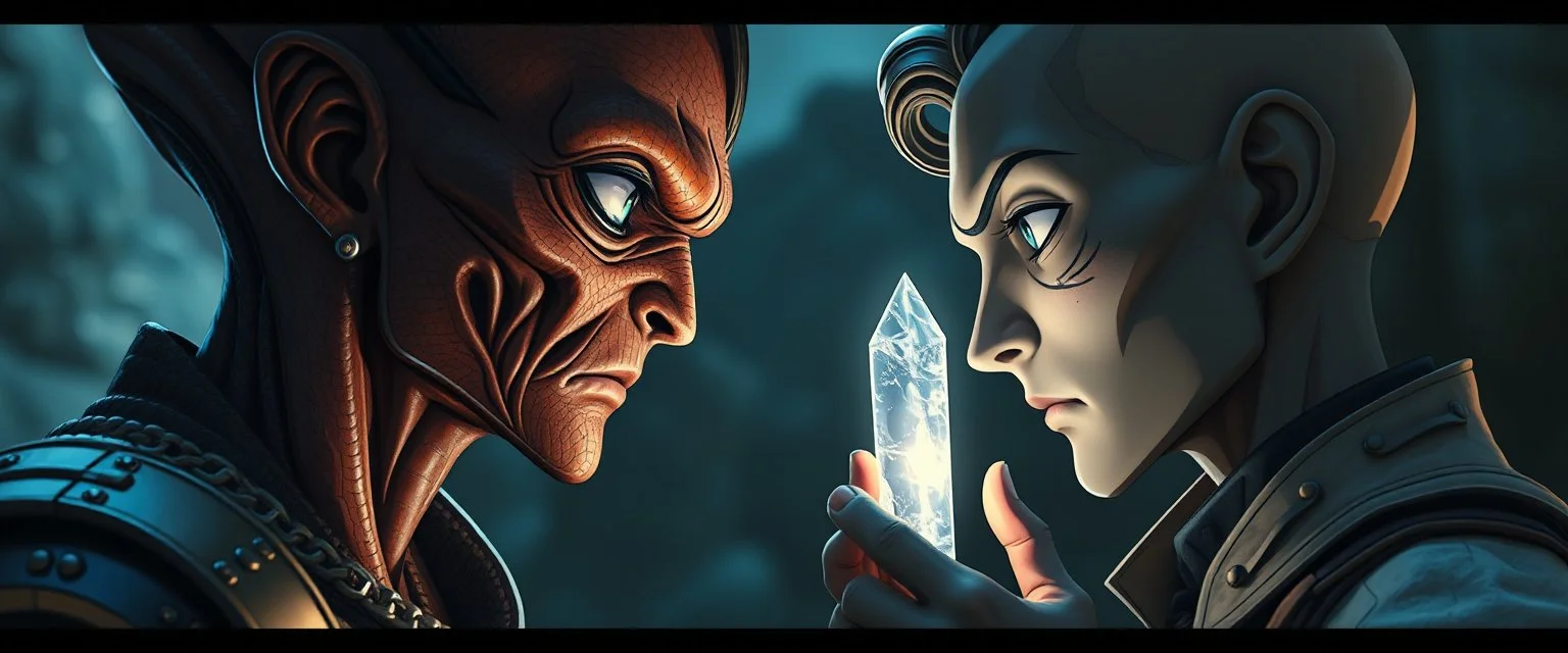Close-up confrontation between an ancient alien outcast leader and a space broker, standing only a meter apart, intense eye contact, glowing crystalline rod between them, anger mixed with sadness, dramatic facial expressions, shallow depth of field, cinematic lighting, stylized 3D anime, airbrush painting, crisp outlines