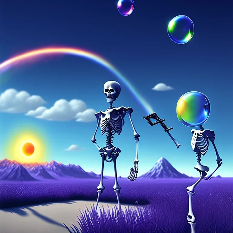 The Grim Reaper and the Skeleton on bubble world, discussing the future of the universe, art by Magritte and Pixar