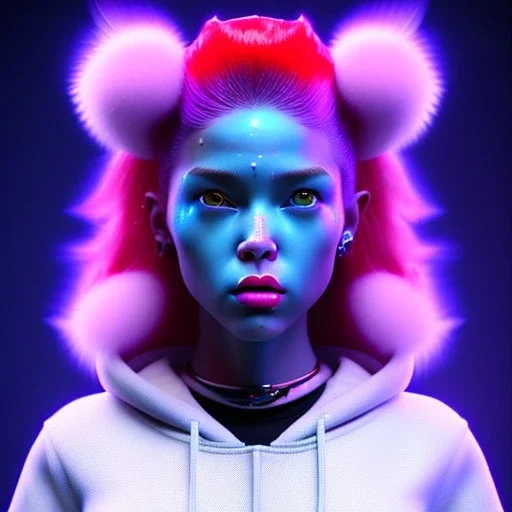 Us woman, rounded face, bubble gum, white stars, blonde, blue, red lines, hoodie, feathers, retro, latex, leather, soft color, highly detailed, art stations, concept art, smooth, unreal engine 5, god rays, ray tracing, RTX, lumen lighting, ultra detail, volumetric lighting, 3d, finely drawn, high definition, high resolution, neon background.