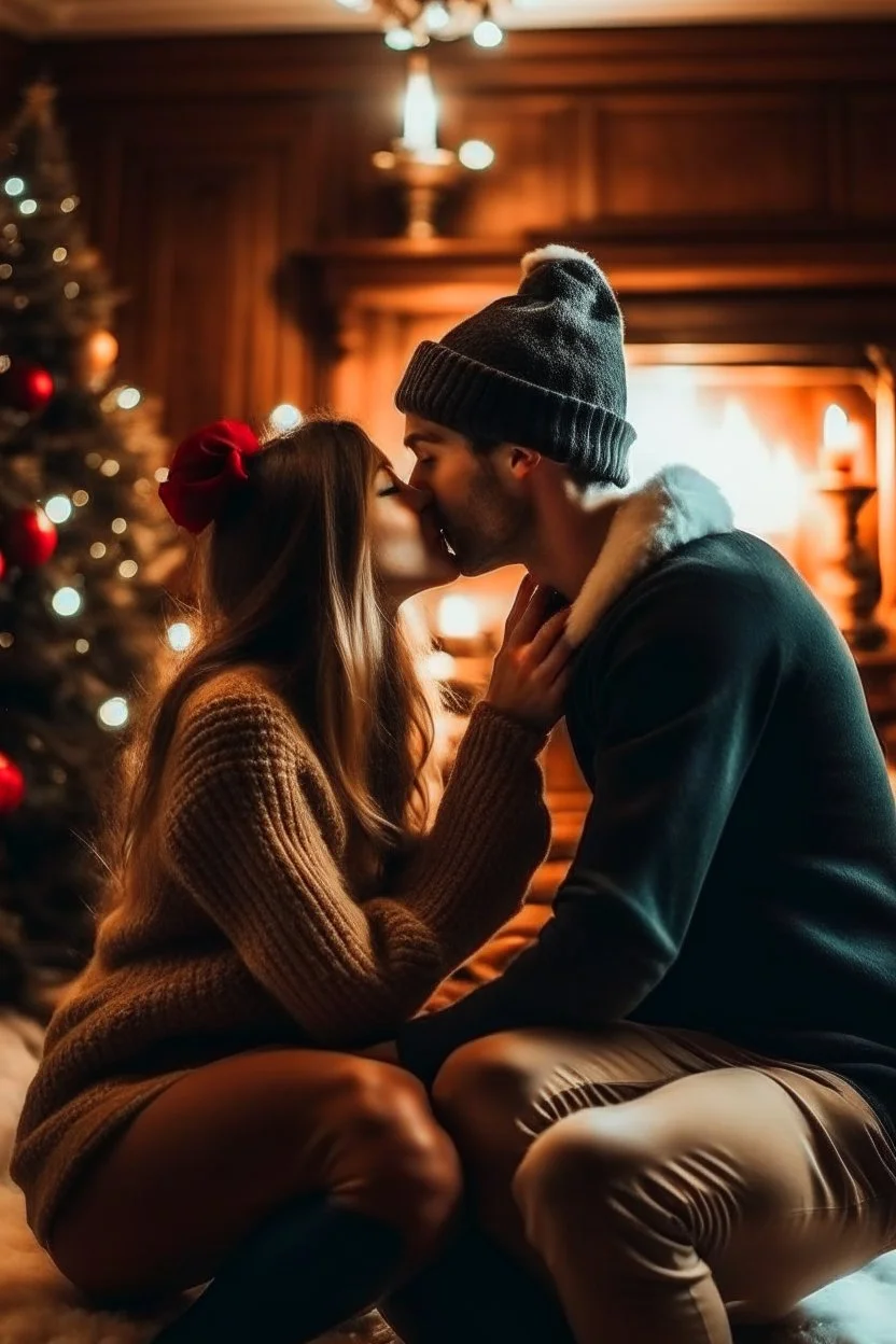 Cozy Christmas scene couple kissing