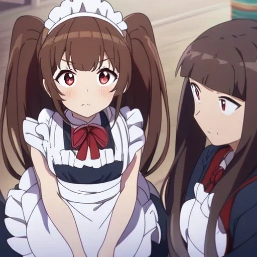 Clear focus, High resolution, Rough line, cute, anime style, big eyes, red eyes, sparkling eyes, brown hair, red eyes, thick eyelashes, wearing a maid outfit, long twin tails, long bangs, anime screencap, choppy long bangs