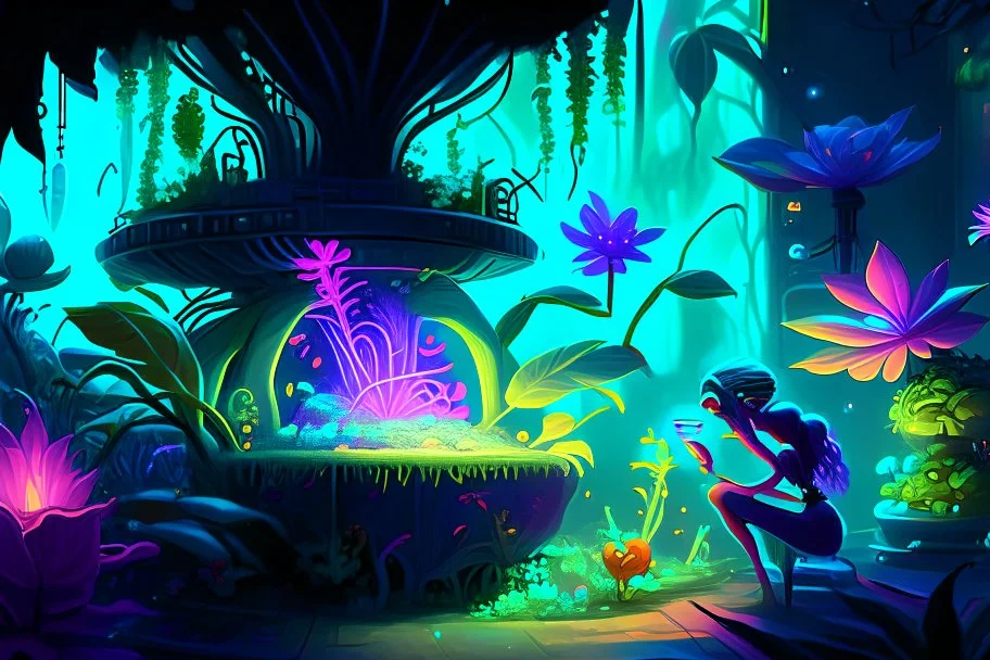 spaceship scene with a female humanoid plant made of vibrant, bioluminescent plant material. tending her garden on a spaceship Communicates through shifts in color and texture.