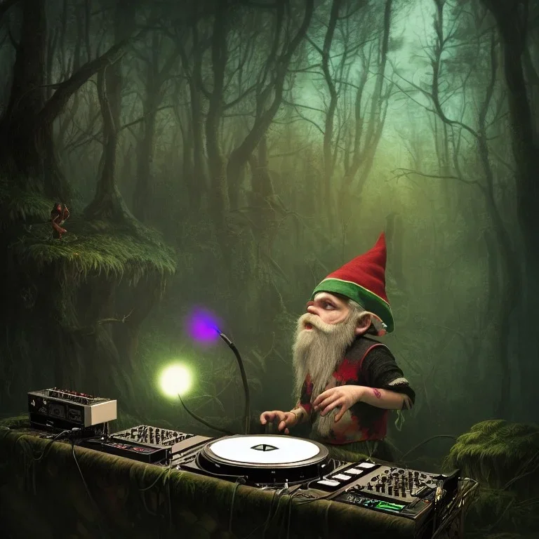 punk gnome playing dj set, magic luminous forest background, digital Art, perfect composition, beautiful detailed intricate insanely detailed octane render trending on artstation, 8 k artistic photography, photorealistic concept art, soft natural volumetric cinematic perfect light, award - winning photograph, masterpiece, raphael, caravaggio, greg rutkowski, beeple, beksinski, giger, chiaroscuro, pixar