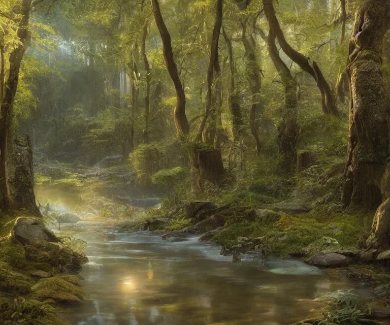 a small river with sunlight reflecing in it flowing through a serene forest, highly detailed, unreal 5 render, rhads, bruce pennington, tim hildebrandt, octane render, beautiful composition, trending on artstation, award-winning photograph, masterpiece