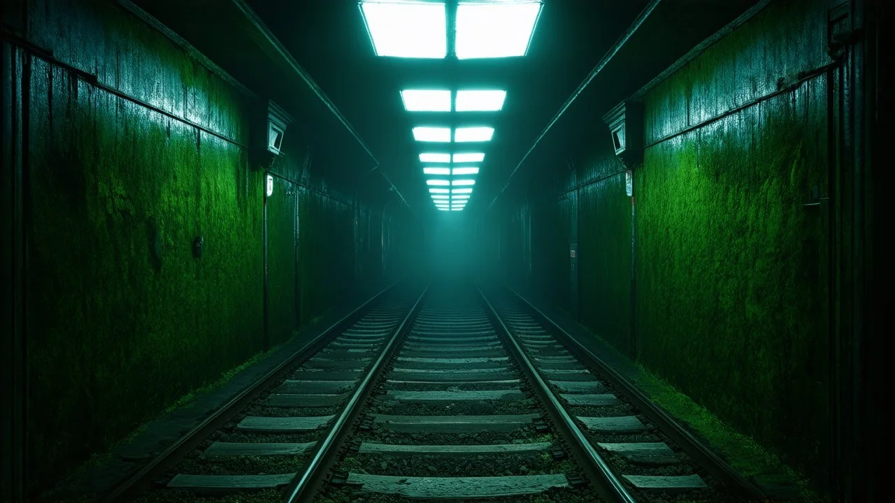 GAME CONCEPT ART .two poin perspective.Inside the old subway tracks, . Low light and closed green moss walls. Like the original design of the game space ,digital art.landscape,far camera old painting,2 Chen and George Hopper, Rembrandt lighting, a dark green color scheme, ethereal light. --ar 13:16 --v 6. 0 metro game