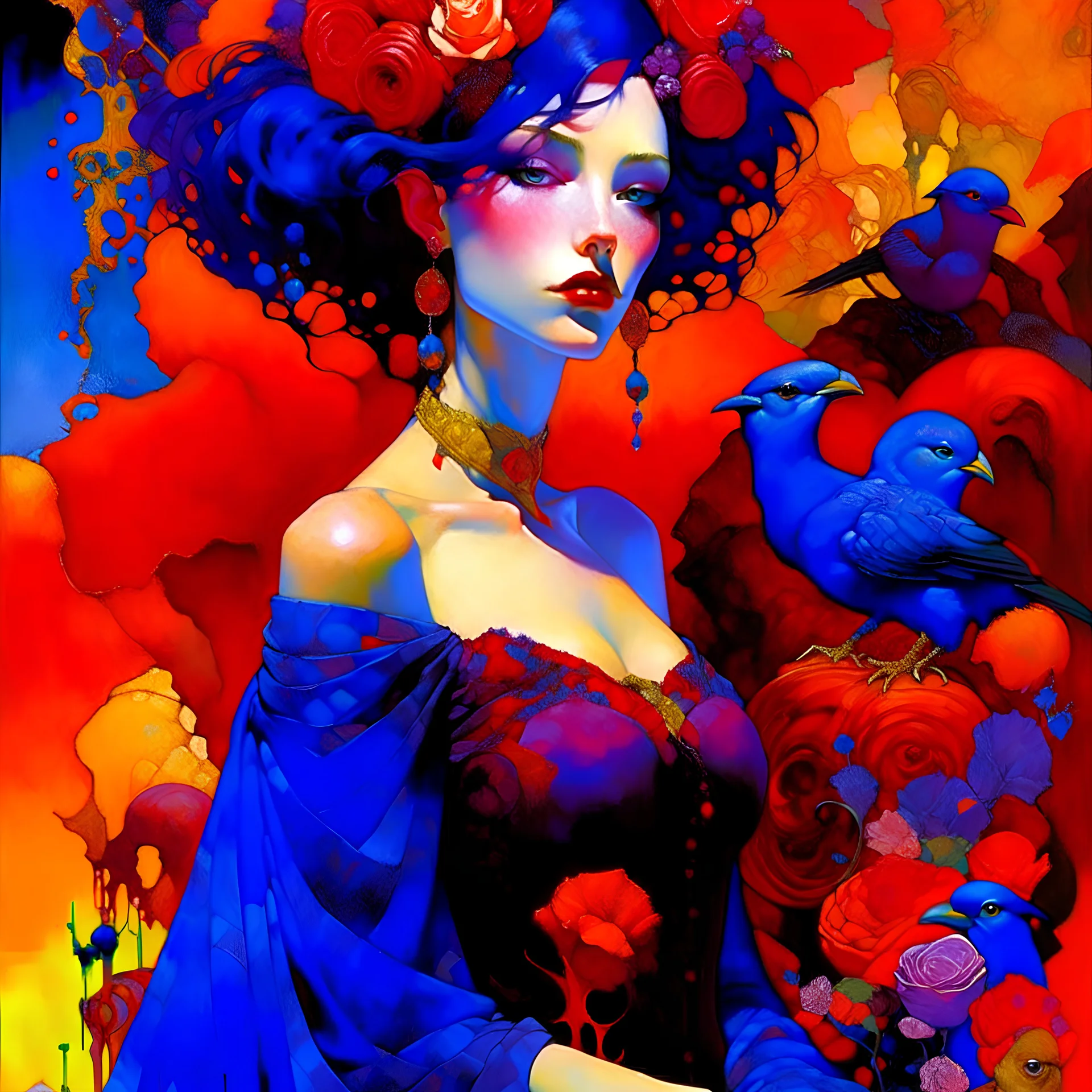 Art by Alice Rahon, Richard Burlet, Odilon Redon, Raymond Swanland, Andrey Remnev, Conrad Roset; Rebellious ravishing girl Rachel, regal in royal blue and ribuli, roaming through the radiant realm of the rainbow river valley with her ruby colored hair, meets a rare raven in a rolling hills of resplendent roses and rustling reeds, under a riotous reflective hues sky.