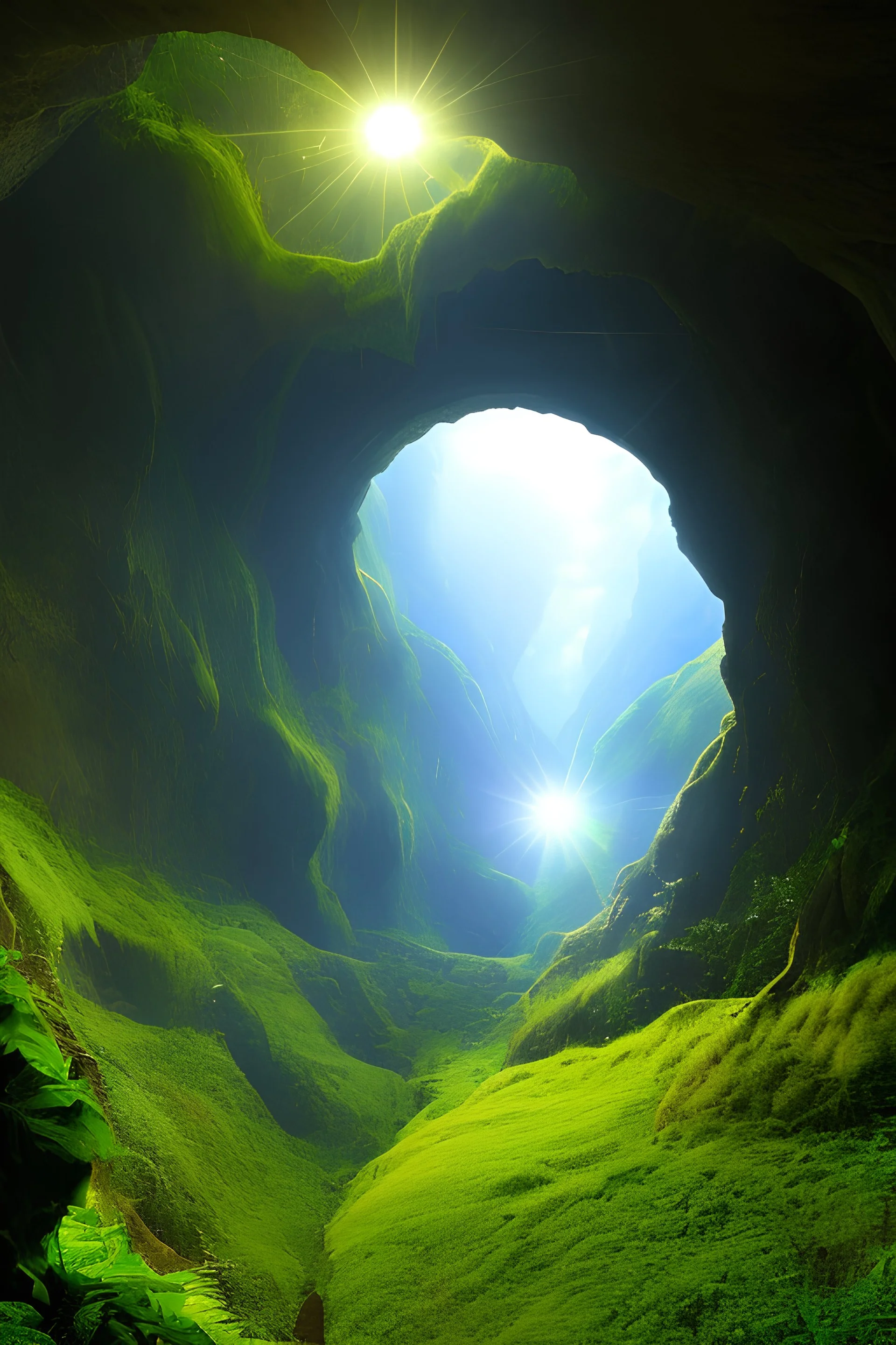 High resolution image of a cave entrance shaped like a wide open demon's mouth, on the side of a forested hill.