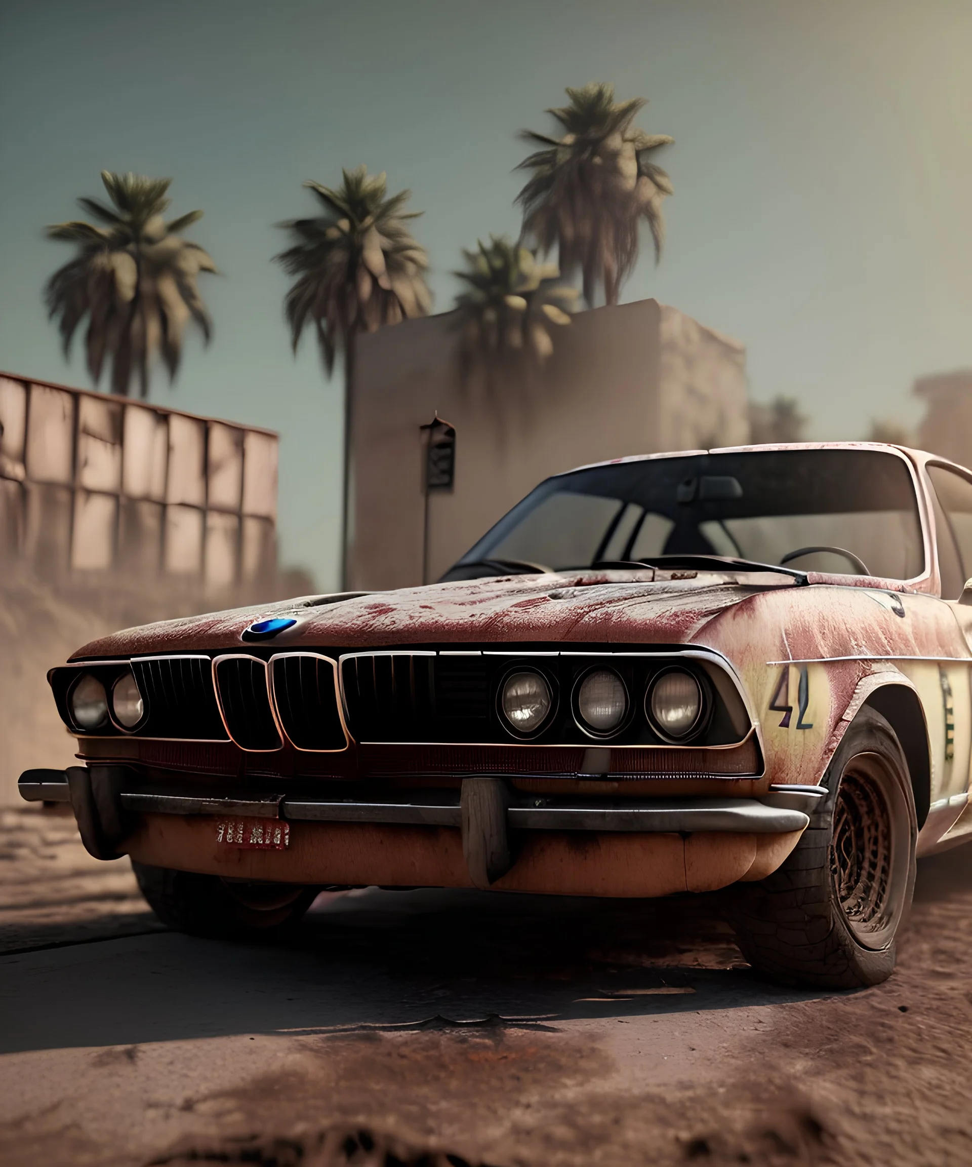 Realistic image. Grunge BMW 4 2024. 4k resolution, intricate details, ornate details, soft lighting, vibrant colors, mad max background