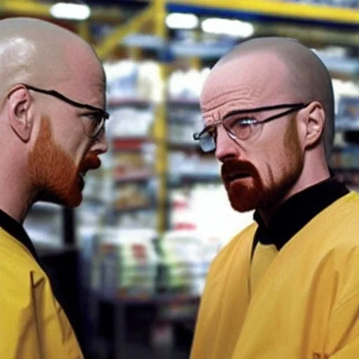 Walter White yells at Jessie Pinkman in a Costco, photorealistic