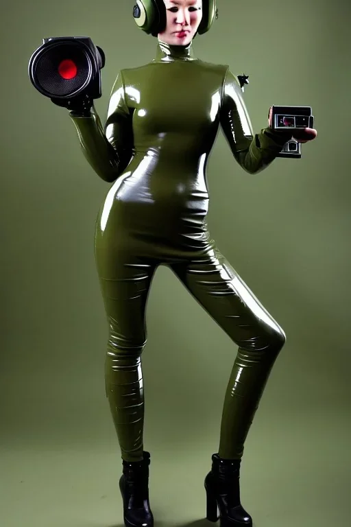 Russian military girls. Army green surfaces body, latex. Plastic cyborg skin. Cyber-punk head. Metallic headphones and speakers on ears, Old-fashioned cameras integrated to head. Perfect body, thick thighs and calves. simple face. Wide hip, skirt bleats nicely. Asa Akira. Partly symmetrical. Straitjacket. Rusty and decayed background. Steam-plunge air-bottles. Euclidean 3D-tiling walls. 5th dimensional surface structures. Oppressive atmospher