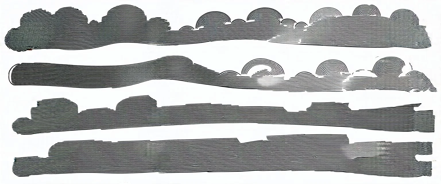 a series of curved horizontal lines with shapes inspired by clouds, black lines on white, vector lines