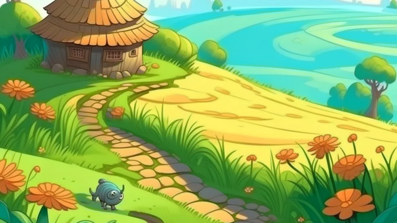 Fantasy cartoon illustration: Near a pond there is a turtle's house.