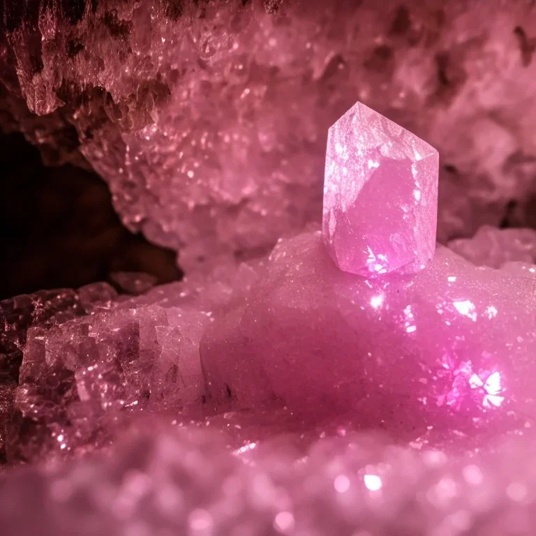 single pink crystal, on an altar in a foggy cave