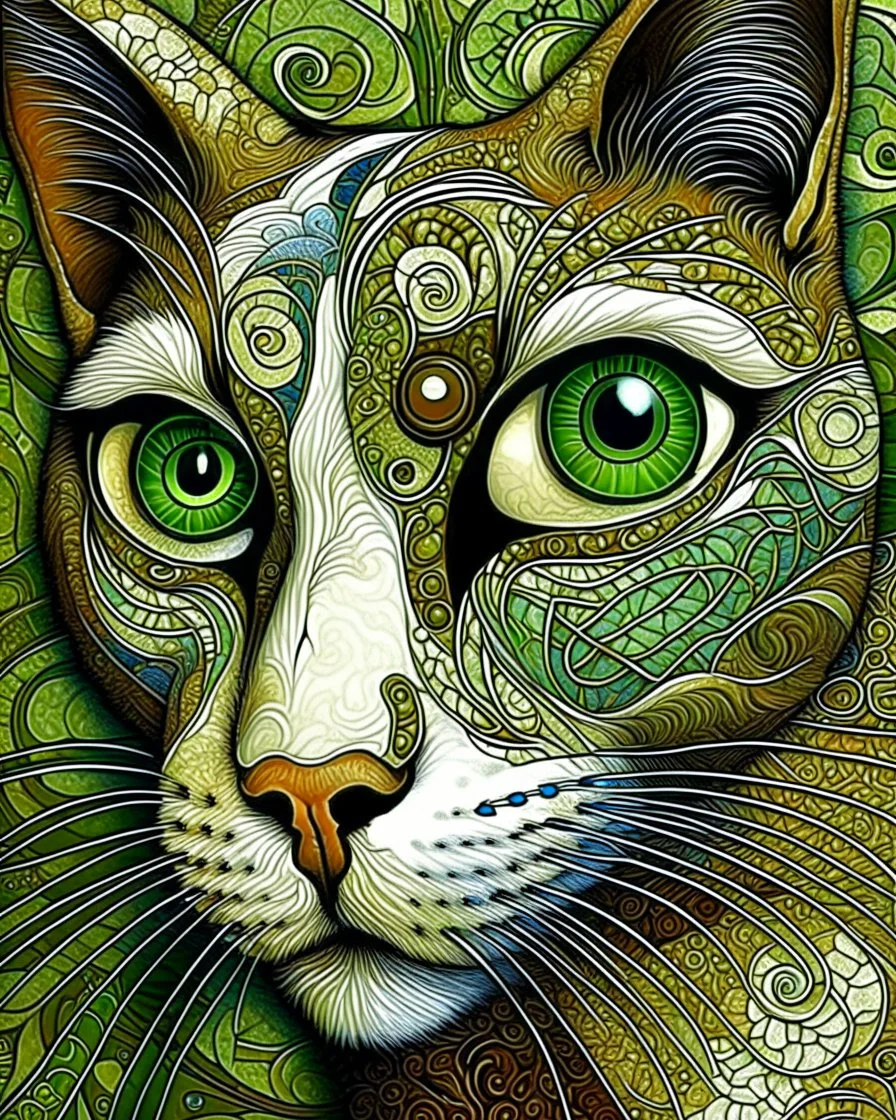 Detailed Surreal Portrait of Oriental blue and white tabby cat, with a triangular slender white face, large ears and green eyes by Gustav Klimt muted colors.