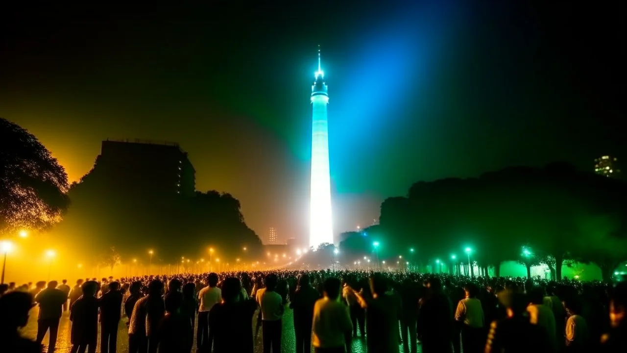 ciudad de buenos aires, es de noche, hay un montón de gente alrededor bailando y tomando, luces blancas y coloridas, se muestra el obelisco, fiesta, festejo, manos arriba, niebla