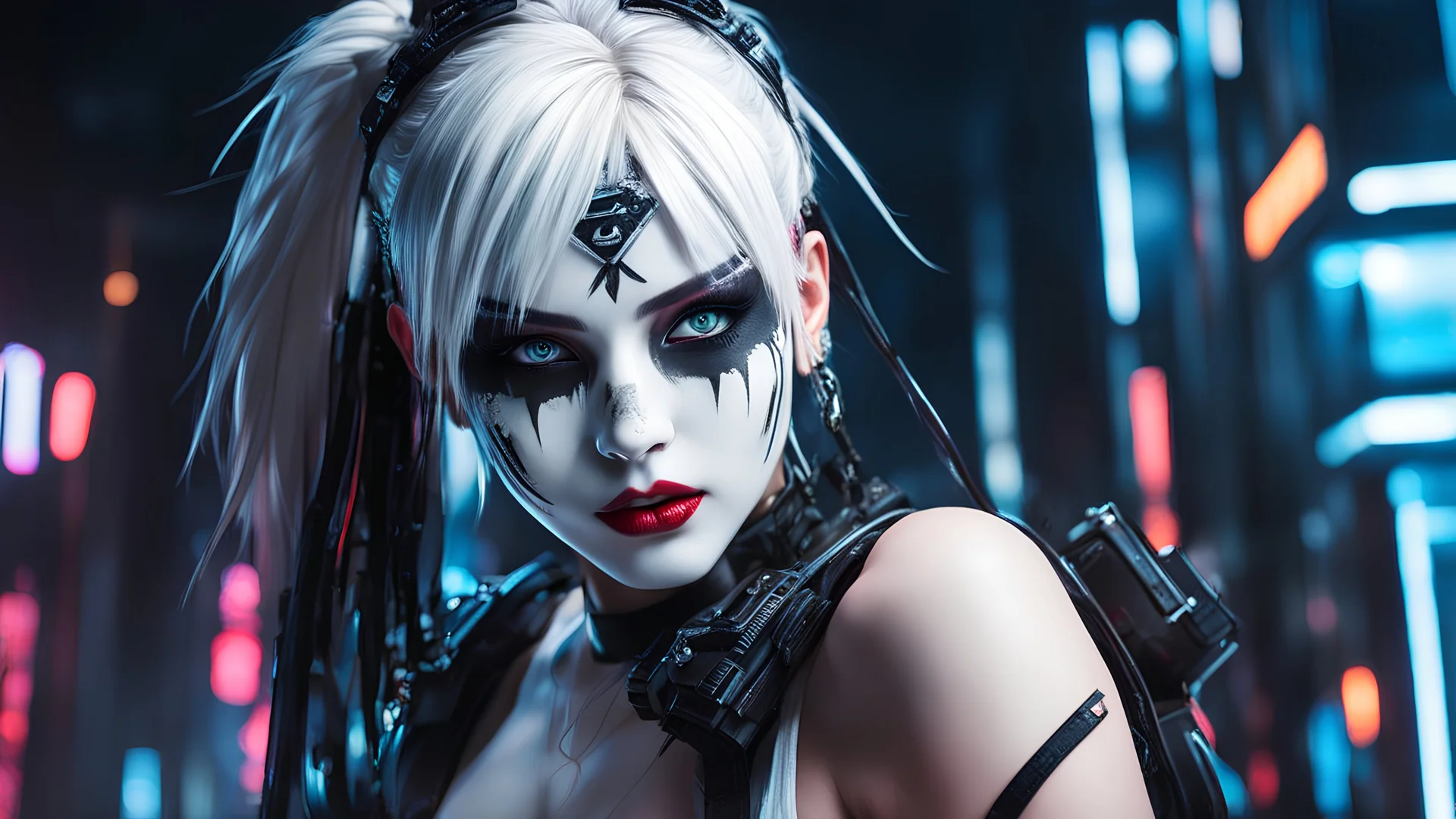 anime artwork, commercial portrait, (full body shot:1.6), cyberpunk style, 1girl, white face paint, black bleeding mascara, perfect anatomy, posing for the camera, stunningly beautiful, perfect face, glowing eyes, intricate details, ultra-realistic, high saturation, cinematic light, 35mm raw photo, nsfw, art by j.c. leyendecker