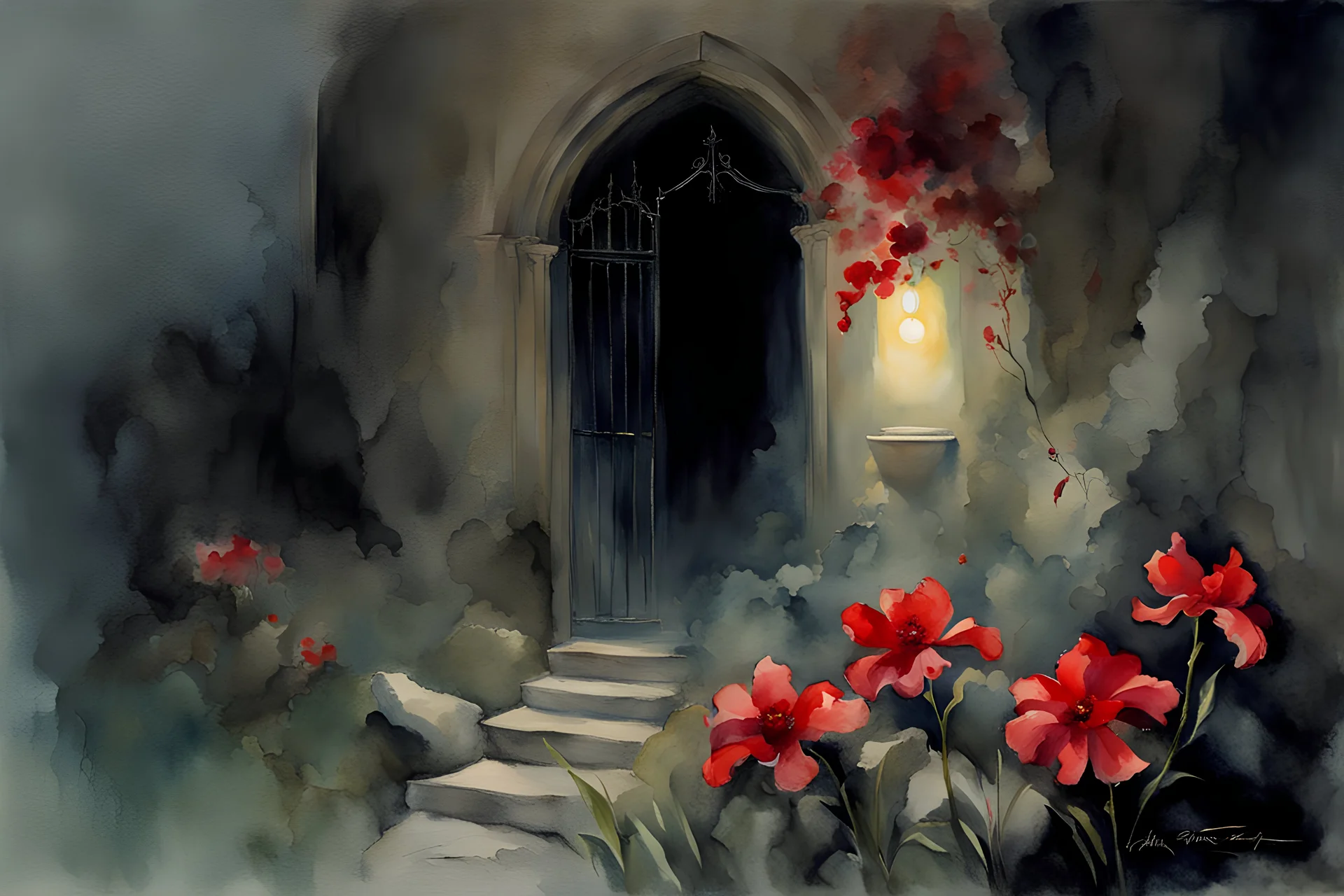 Mistery night, mist, rocks, red flowers, gothic horror, creepy, john singer sargent watercolor paintings