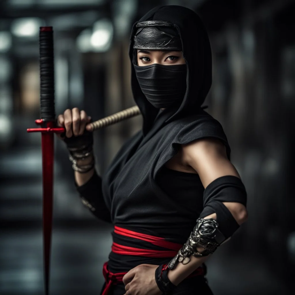 Behold the powerful alluring and pretty ninja woman, her body adorned with the traditional ninja costume, HDR, beautifully shot, hyperrealistic, sharp focus, 64 megapixels, perfect composition, high contrast, cinematic, atmospheric, moody