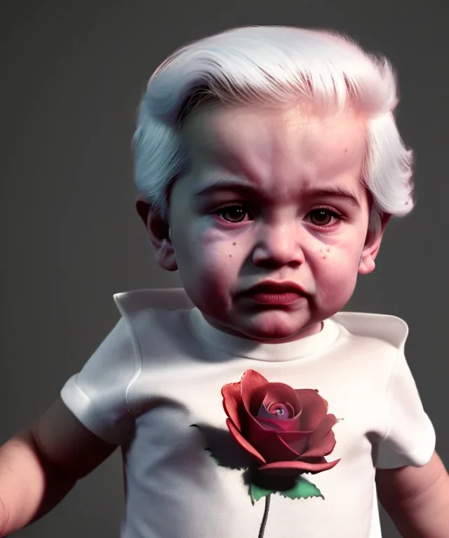 Pedro almodovar toddler, full body, white hair, rose shirt, dramatic lighting, hyper realistic