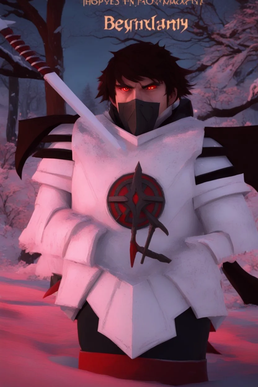 The character, depicted in a striking white armour against a wintry backdrop stands with his hands behind his back inside the scene, he has a red and black circular symbol on his chest like a shield, a black pointed spear with a red handle on his back, His eyes are showing a dynamic expression and he wears a black oni mask with white teeth covering the bottom part of his mouth he has brown shoulder pads and a white belt with a bag attached to it. He has dark brown hair, he does not wear a helmet