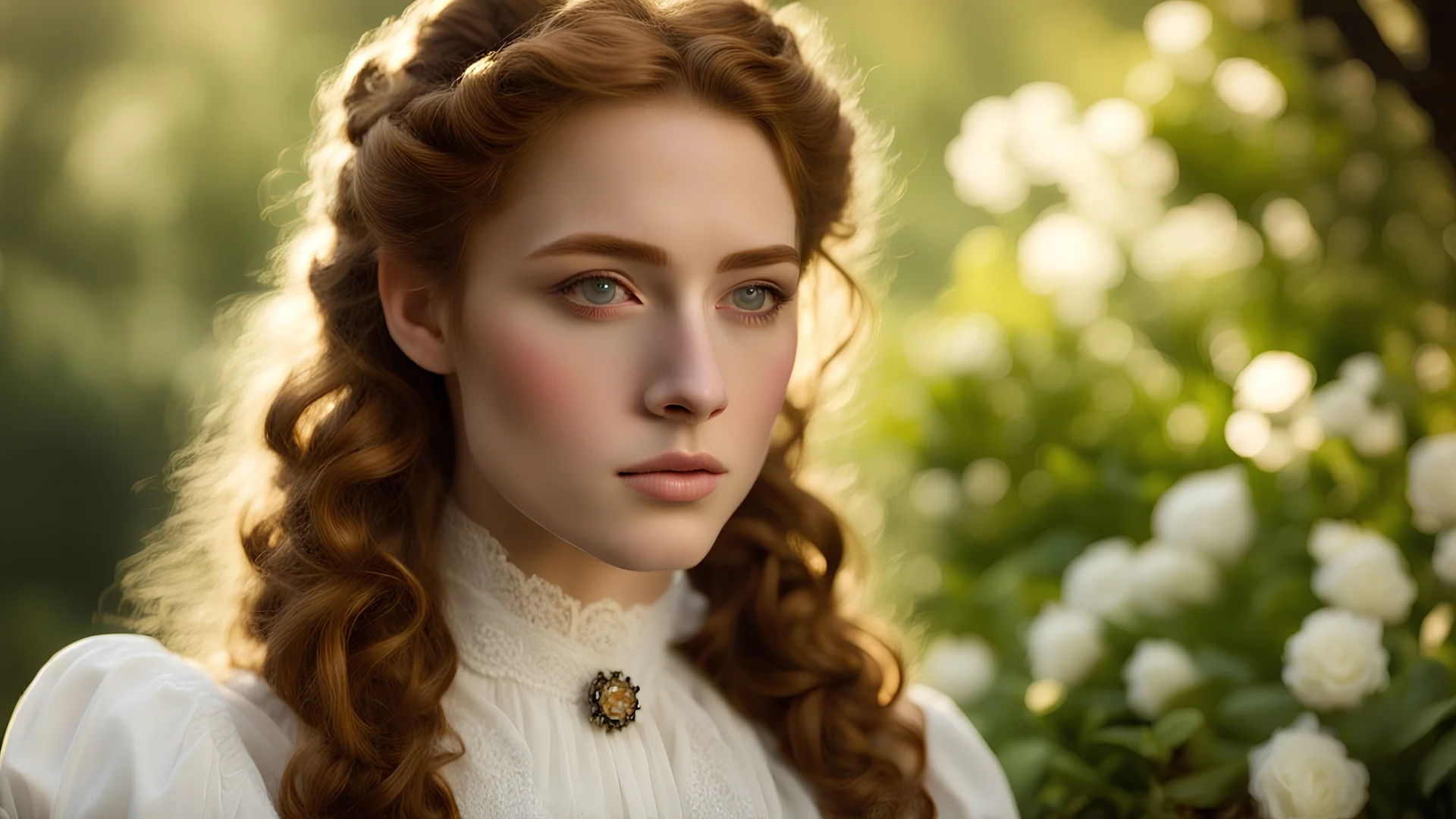 Beautiful caucasian 18 year old woman with long curly auburn hair. She has a delicate face, small pert nose, small chin, small jaw, large eyes, full lips slightly parted. She is wearing a white victorian blouse with a brooch at the neck. She is gazing longingly at the viewer. She is in a lovely garden during the day. The photo is clear and in sharp focus.