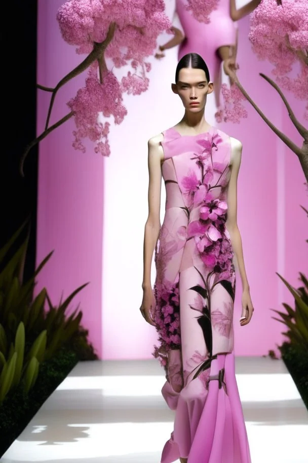 Model in runway with pink orchids like principal elements and element that recall olives trees and palm