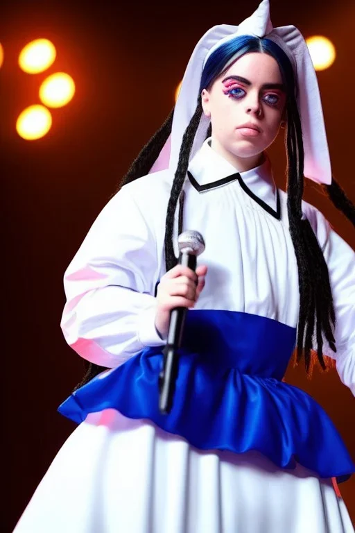 Billie Eilish, Maid Costume, high detail, realistic, 8k, not to be distinguished from a photo, identical pupils