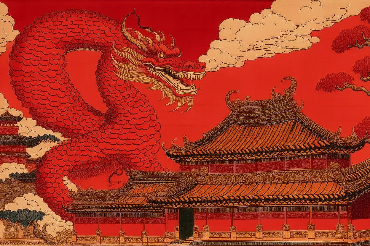 A dark orangish red fiery palace with a dragon guarding it designed in Chinese paper art painted by Katsushika Hokusai