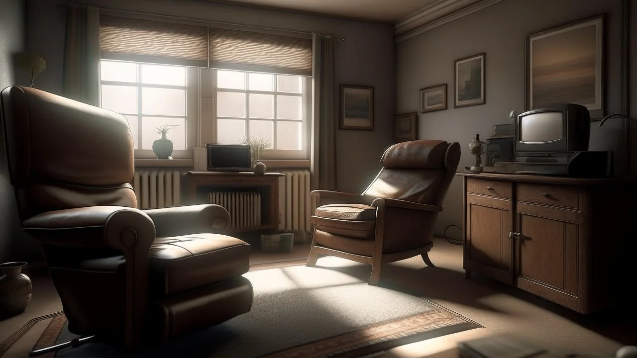 Photorealistic wide shot of an old woman's living room. Tidy and sparsely furnished with a well-loved comfy leather recliner, sidetable and older tv. The recliner, at the long end of the room sits to one side and faces the tv. A small stool on wheels sits beside the tv. There is an open window with open drapes. The drapes appear to be hand sewn and tidy. The room feels empty and is bright but slightly desaturated.