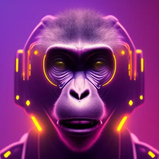 A beautiful portrait of a cyborg monkey purple neon color scheme, high key lighting, volumetric light high details psychedelic background