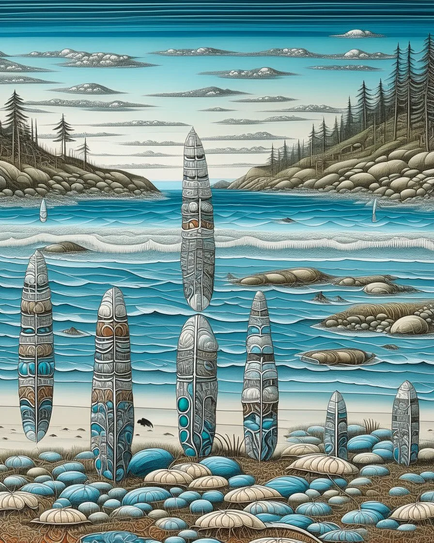 A blue beach with seashells designed in pacific Northwest totem poles painted by Utagawa Hiroshige