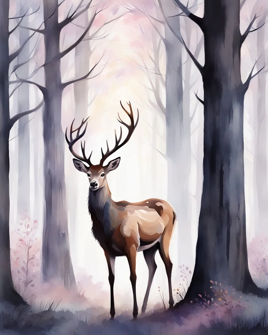 night, deer with antlers standing sideways, looking at viewer, realistic water color painted, among light colored tall simplified tree trunks, foggy, digital painting, Easter Spring pastel colors, colorful, dark background