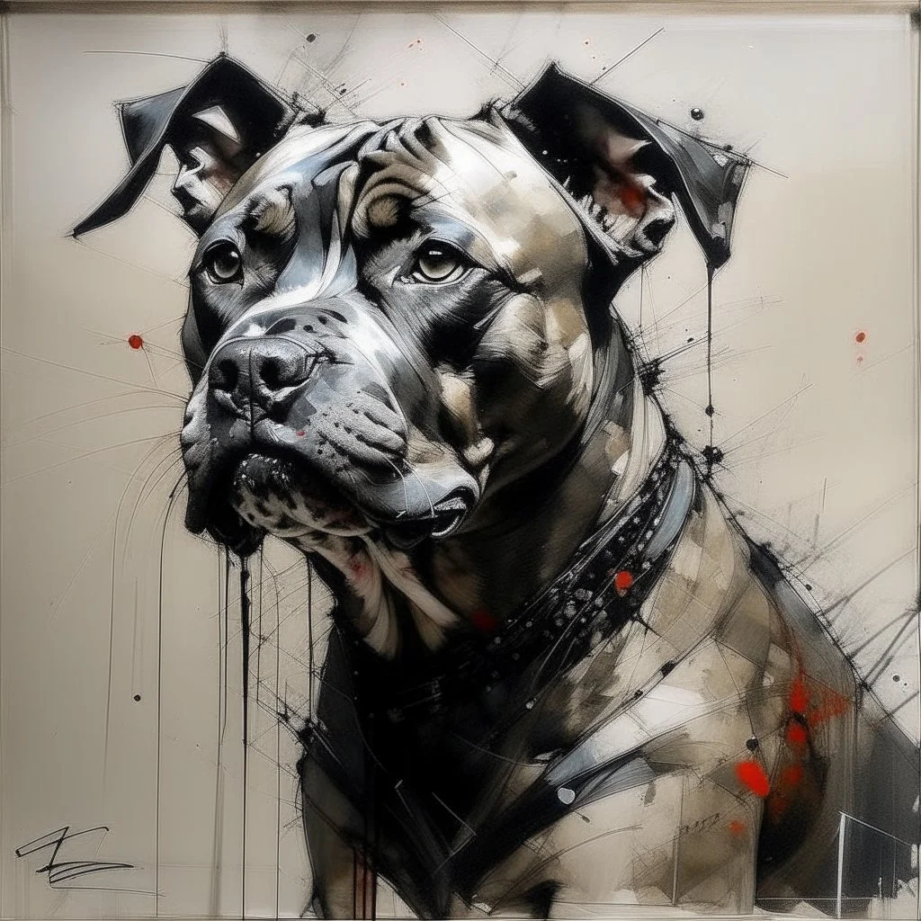 Short coated Staffie dog with gentle expression in the style of Ryan Hewwett, Willem Haenraets, Yoji Shinkawa, Guy Denning, Florian Nicolle