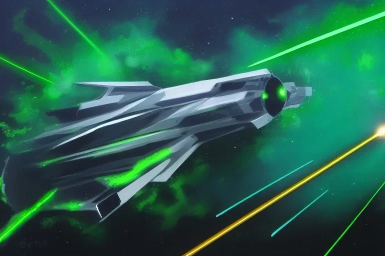 spaceship battle, explosions, lasers, green lasers, explosions painting