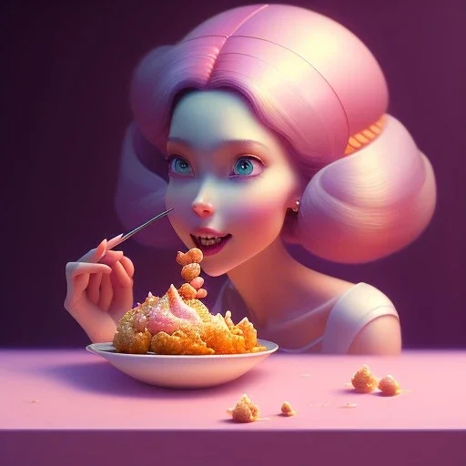 pixar style, volumetric pink sky environment and background, volumetric lighting, dramatic lighting, realistic painting of a beautiful housewife eating marmelade, smiling, detailed digital painting, extreme dense and fine, anime, ornate, colour-washed colors, elegant, small minutiae, tiny features, particulars, centered, smooth, sharp focus, renderman gofur render, 8k, uhd, detailed eyes, realistic shaded volumetric lighting, caustics, backlight