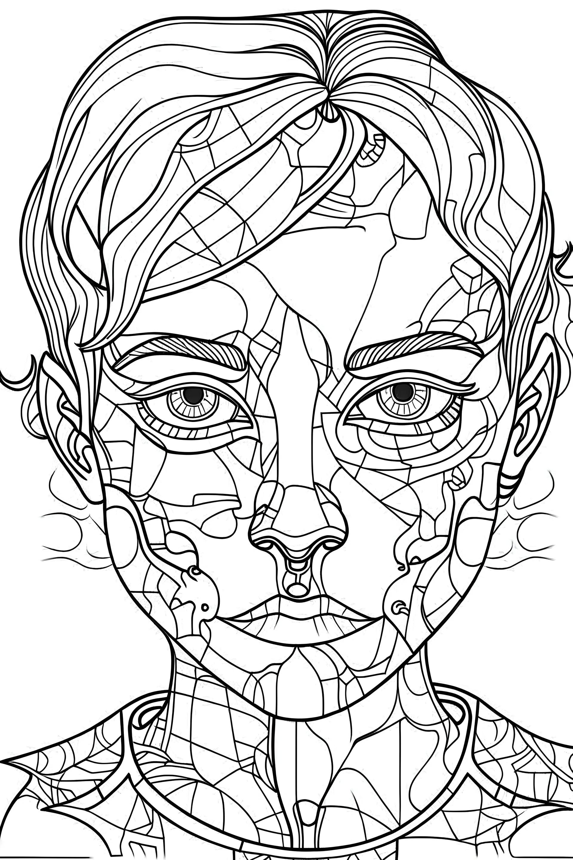 Outline art for coloring page, FACE IN A PUZZLE, coloring page, white background, Sketch style, only use outline, clean line art, white background, no shadows, no shading, no color, clear