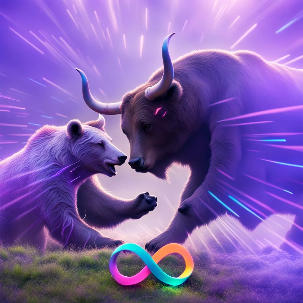 brightly coloured 3D infinity symbol ∞, bull with horns on right beating a bear on left in a fight, DSLR with a 80mm lens, set to f/16 and a slow shutter speed of 1/15s, striking, neon, vibrant, chiaroscuro, dramatic, captivating, high-tech, powerful, fantasy, beautiful, octane render, 16k post-production, artstation: award-winning: atmospheric: commanding: fantastical: clarity: ultra quality: striking: brilliance: stunning colors: amazing depth; lens: f/11, 35mm