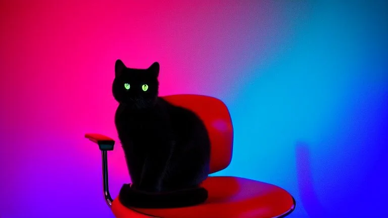 black cat sitting on an office chair, dark room with neon violet lights, realistic