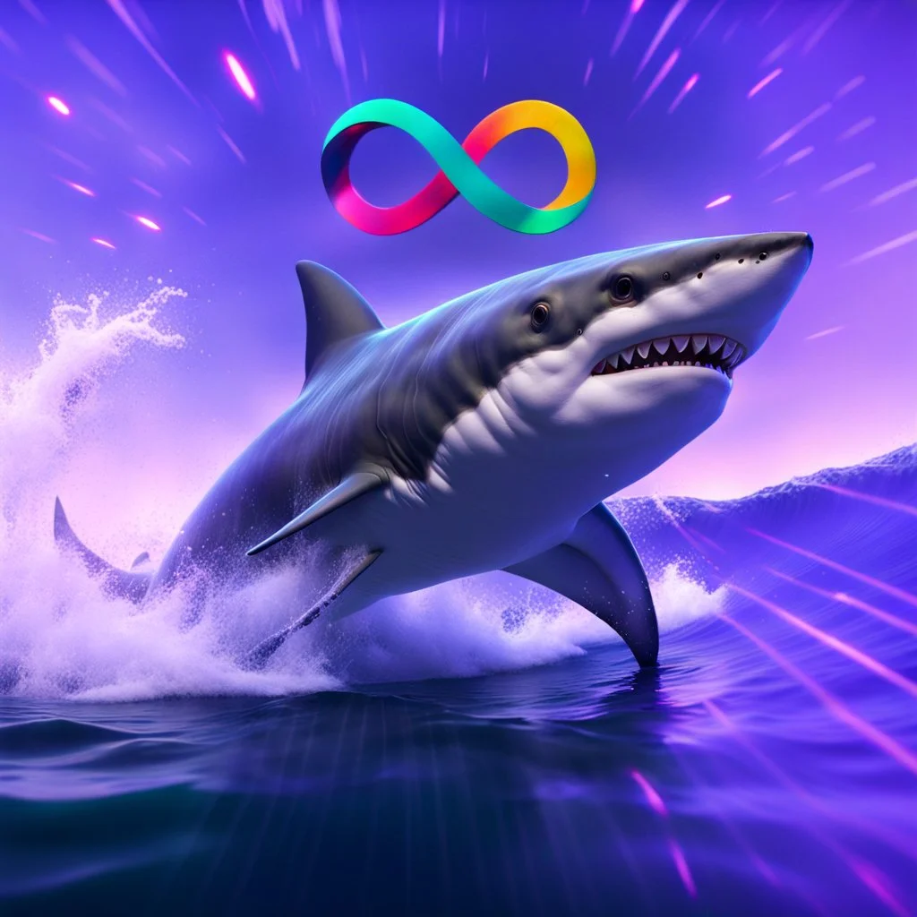 infinity symbol ∞ with vibrant powerful shark jumping out of the sea, striking, chiaroscuro, dramatic, captivating, powerful, fantasy, beautiful, octane render, 16k post-production, artstation: award-winning: atmospheric: commanding: fantastical: clarity: ultra quality: striking: brilliance: stunning colors: amazing depth; lens: f/11, 35mm
